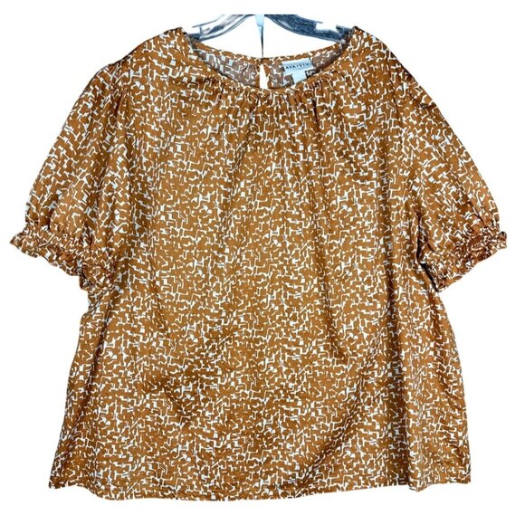Ava & Viv Plus Size 2X Top Brown White Cotton Abstract Print Puff Sleeve Blouse - Picture 2 of 9